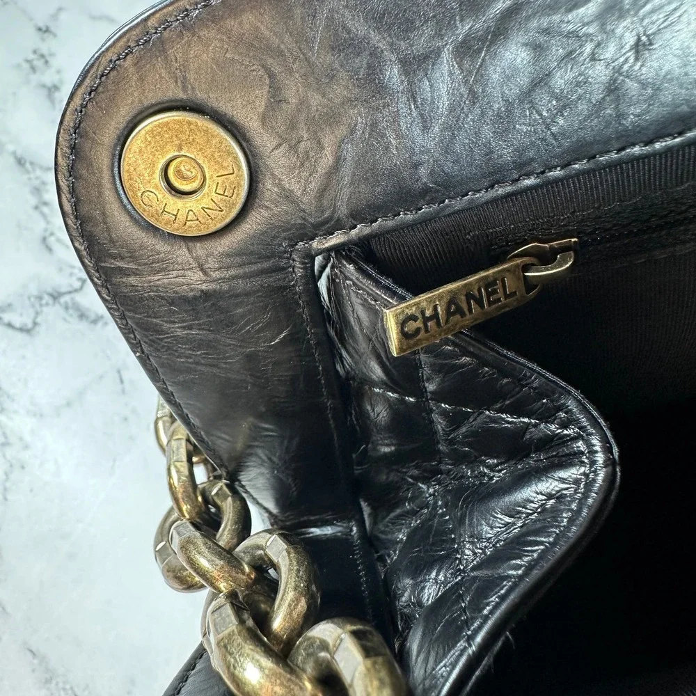 Chanel Frame Shoulder Bag CC Distressed Quilted Leather Black/Gold Thick Chain